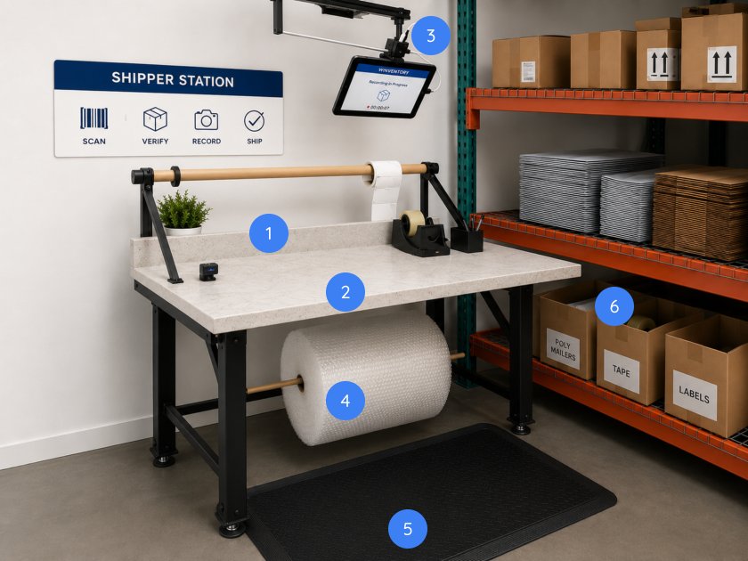 A packing bench with a raised backsplash, clear work surface, tablet on an overhead arm, wrapping material roll below the bench, anti-fatigue mat on the floor and labelled supply boxes on the shelving beside it.