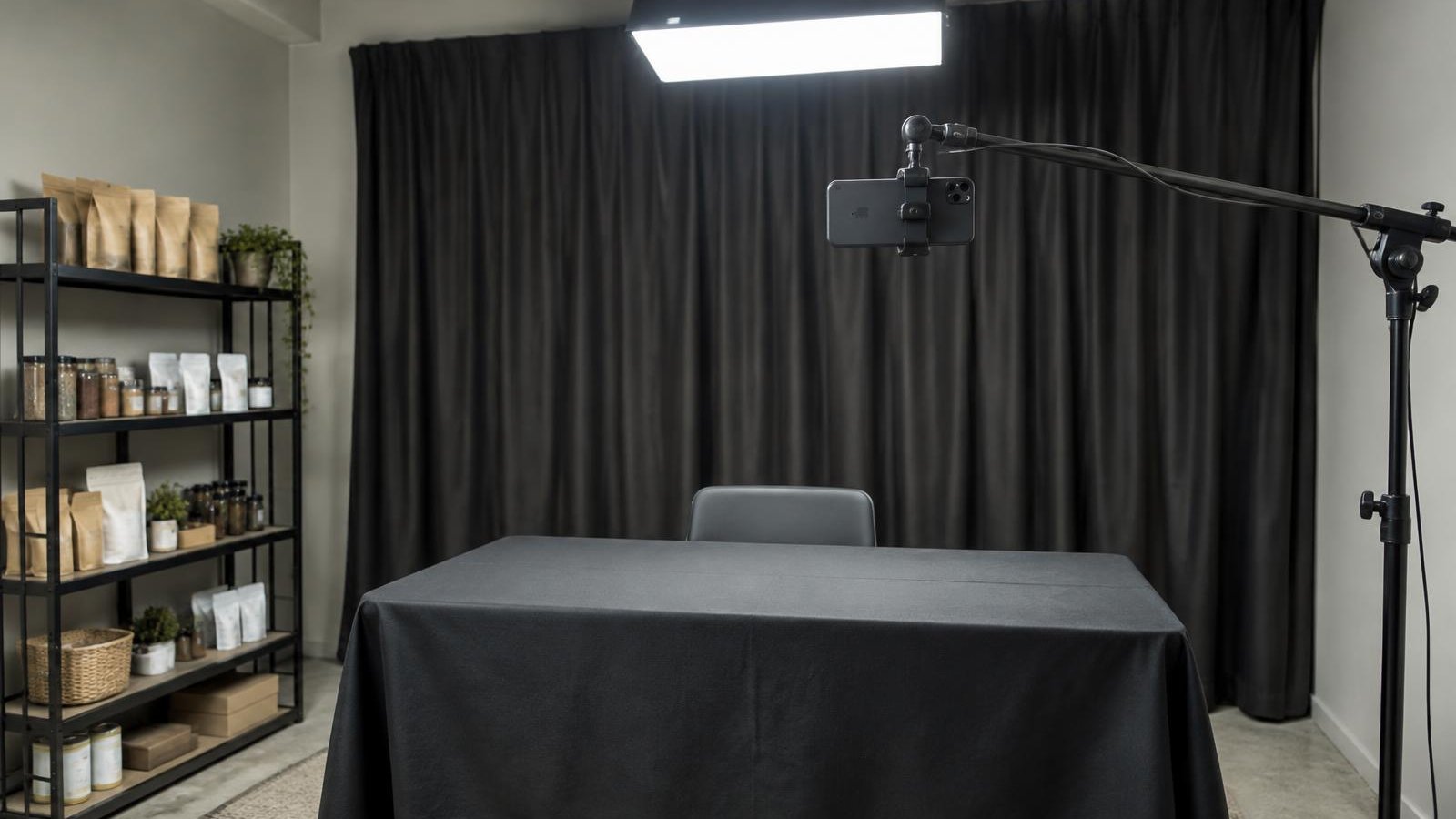 Small broadcast room with backdrop, staging table and product shelf