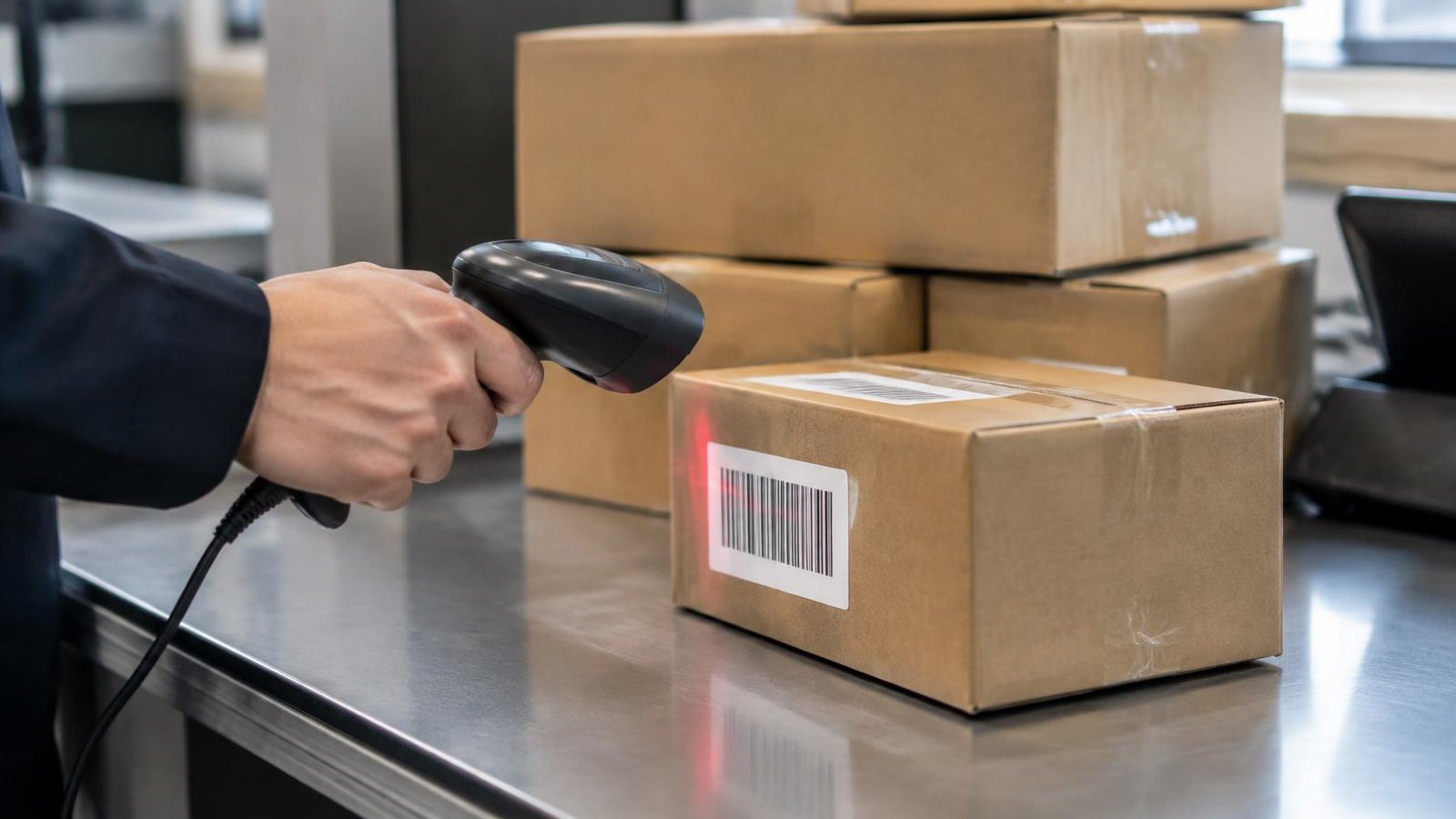 Hand scanning a barcode on a parcel at a counter
