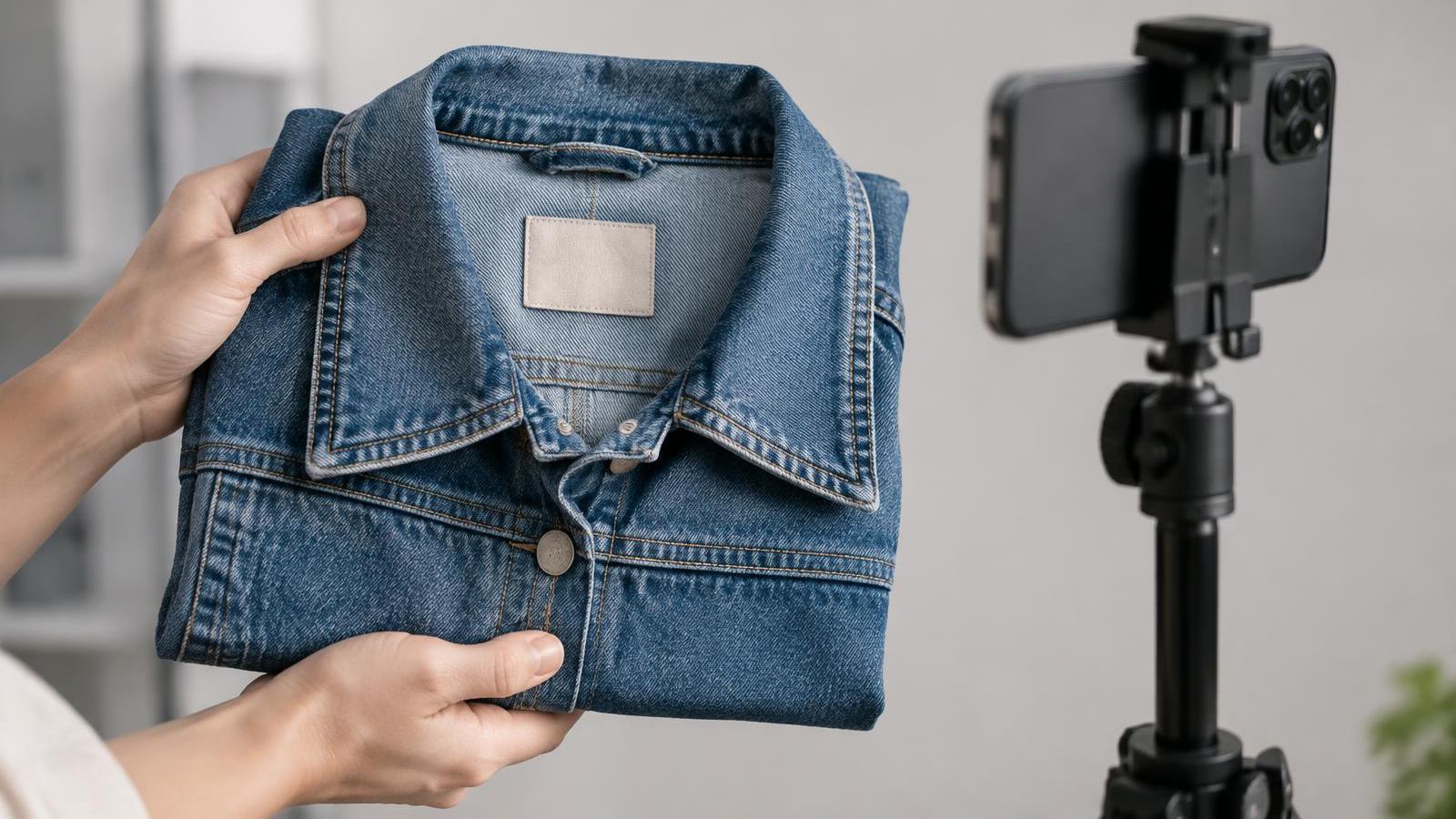Hands presenting a folded denim jacket to a phone on a tripod