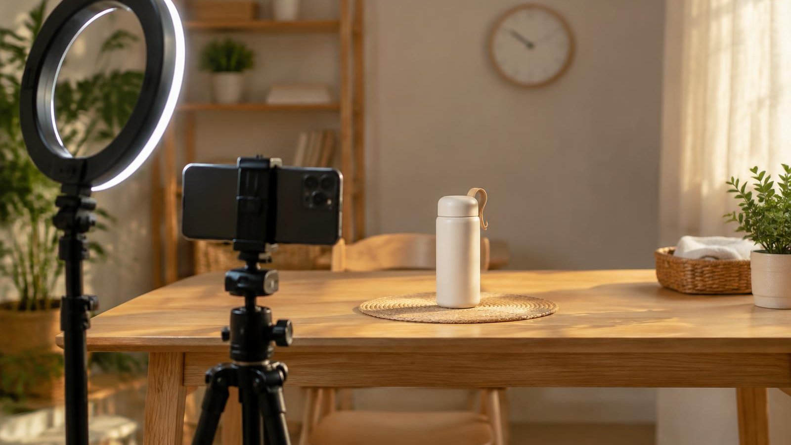 Phone on a tripod and ring light facing a table with one product ready to show
