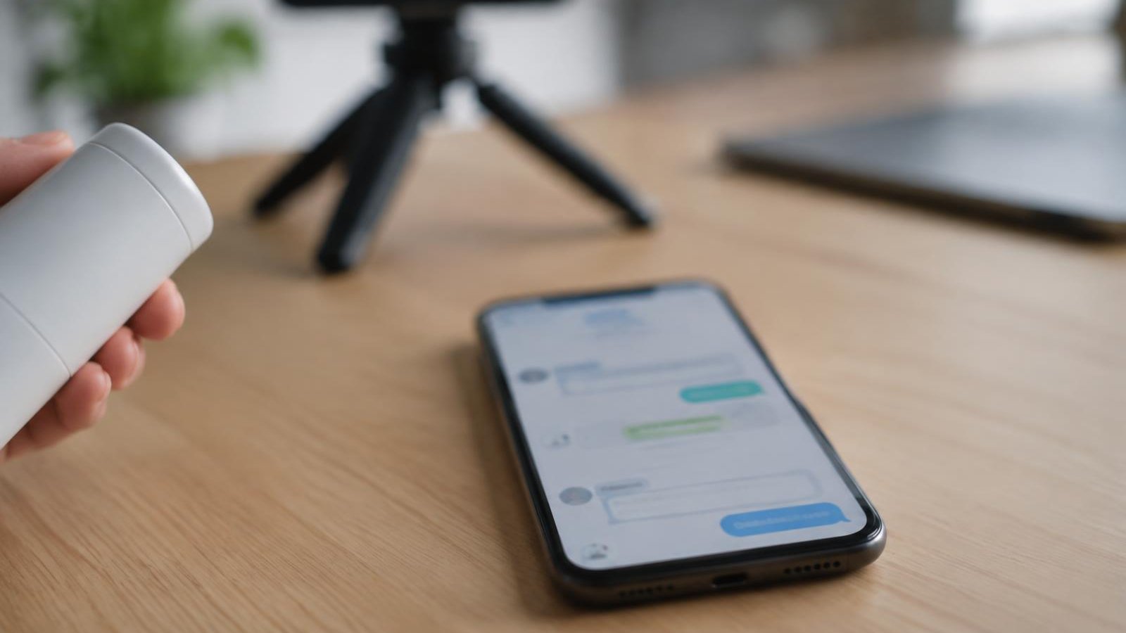 Phone on a desk showing a blurred chat feed while a hand holds a product