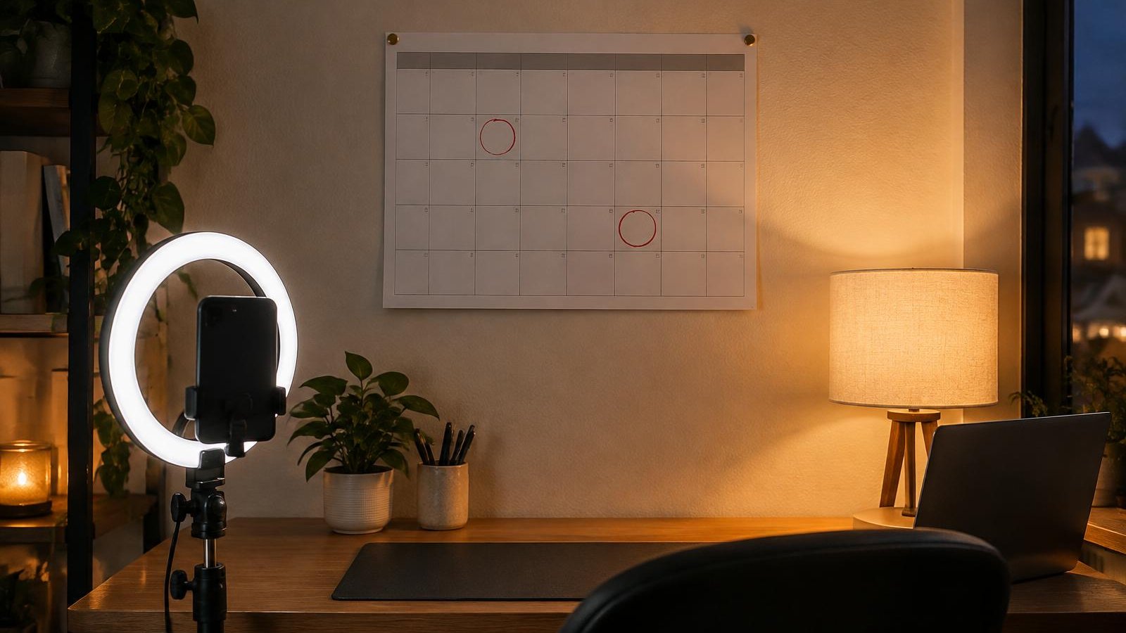 Wall calendar with two circled dates above a streaming desk with a ring light