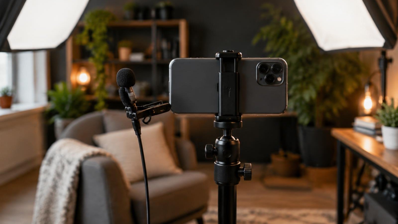 Clip-on microphone beside a phone on a stand at eye level, with softbox lights behind