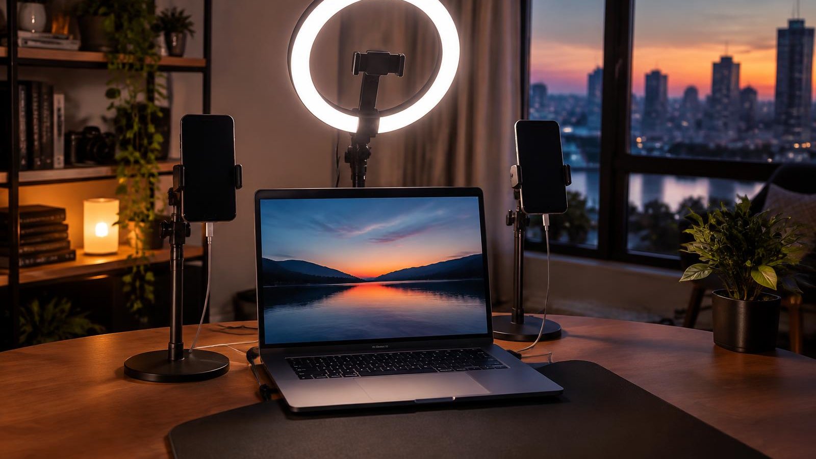 Laptop between two mounted phones under a ring light