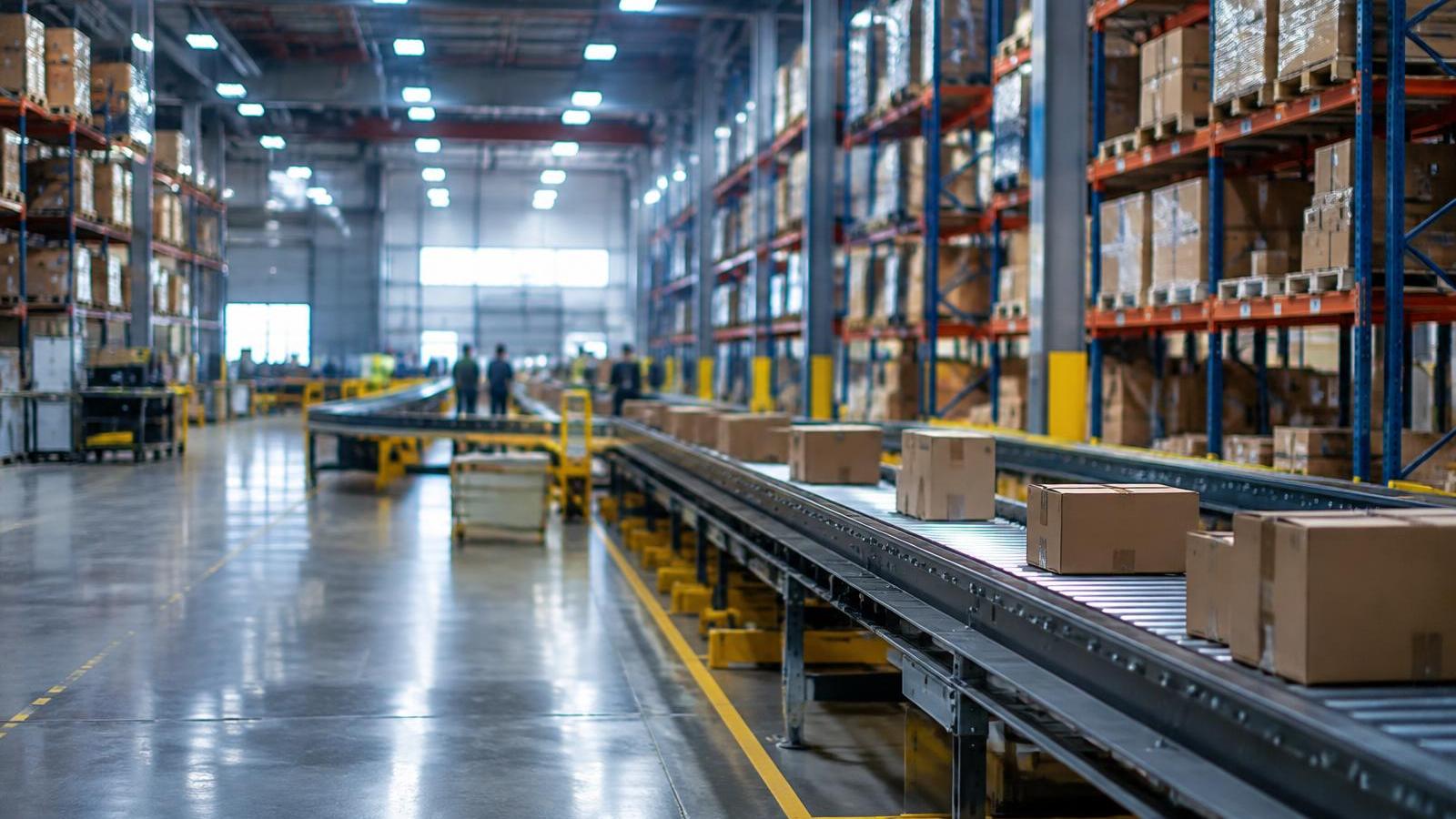Large fulfillment center with pallet racks and a conveyor of boxes