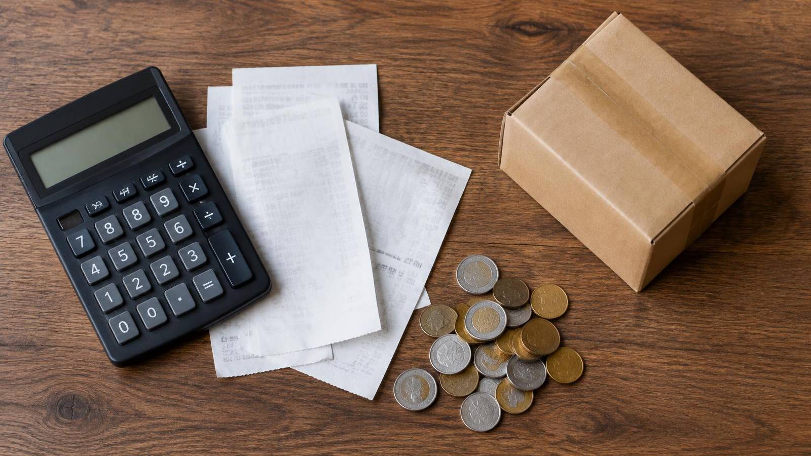 Calculator, receipts and coins on a desk next to a small shipping box