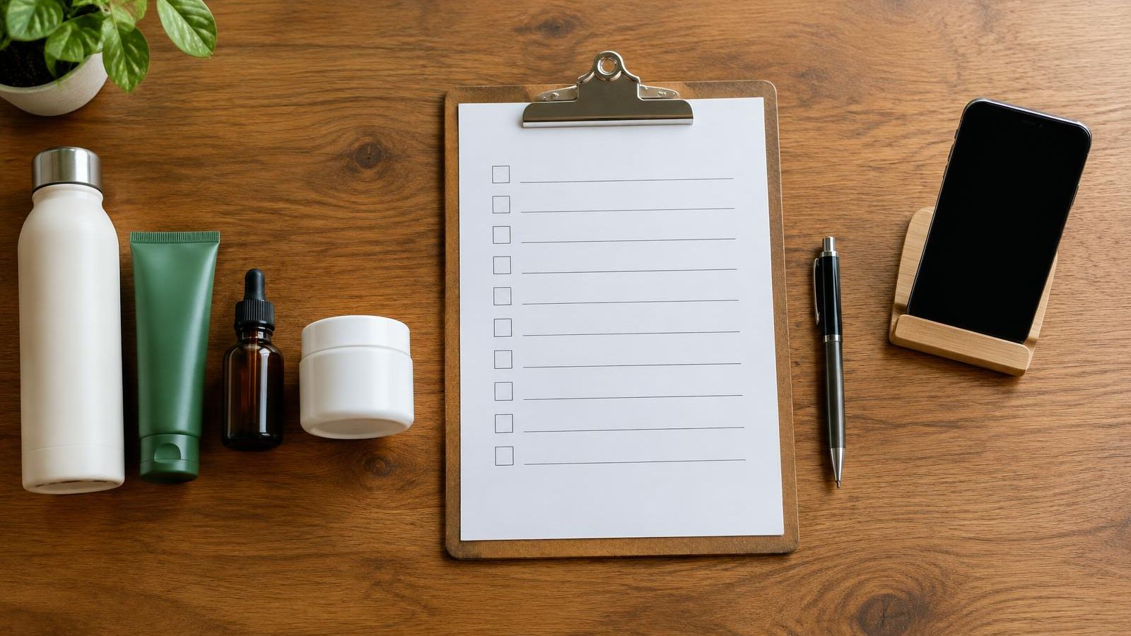 Clipboard with a blank checklist between lined-up products and a phone stand