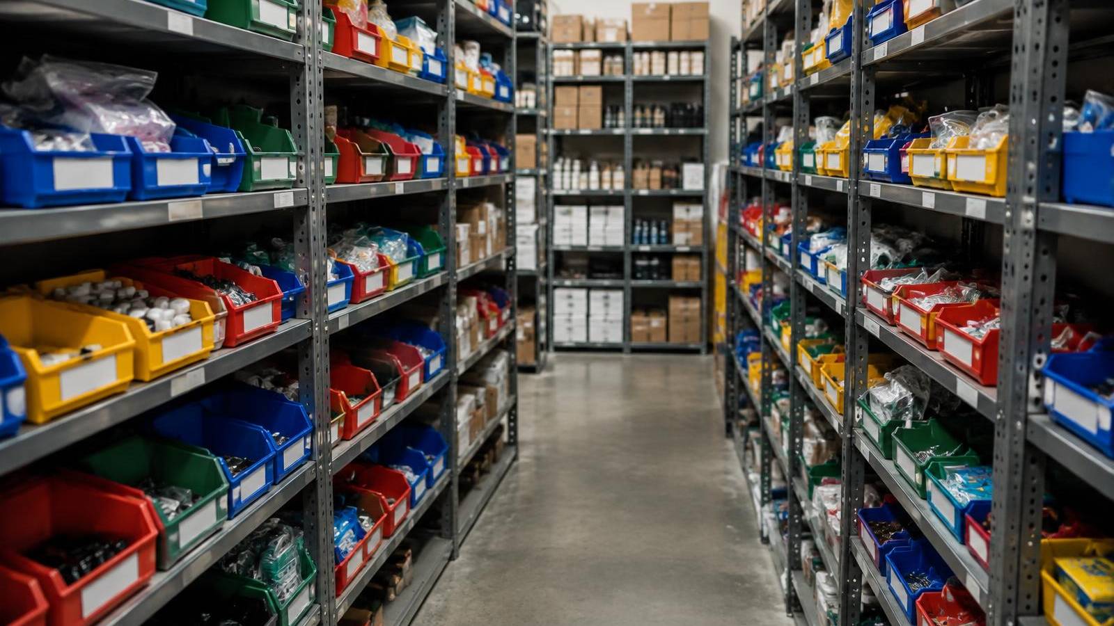 Stockroom aisle of shelves with colored labeled bins
