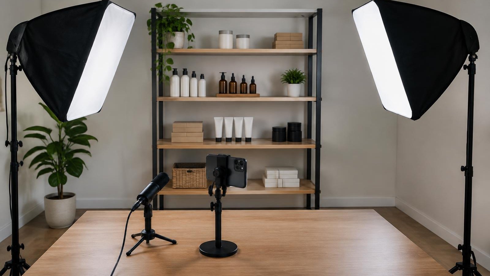 Two softbox lights, a microphone and a phone stand facing a product shelf