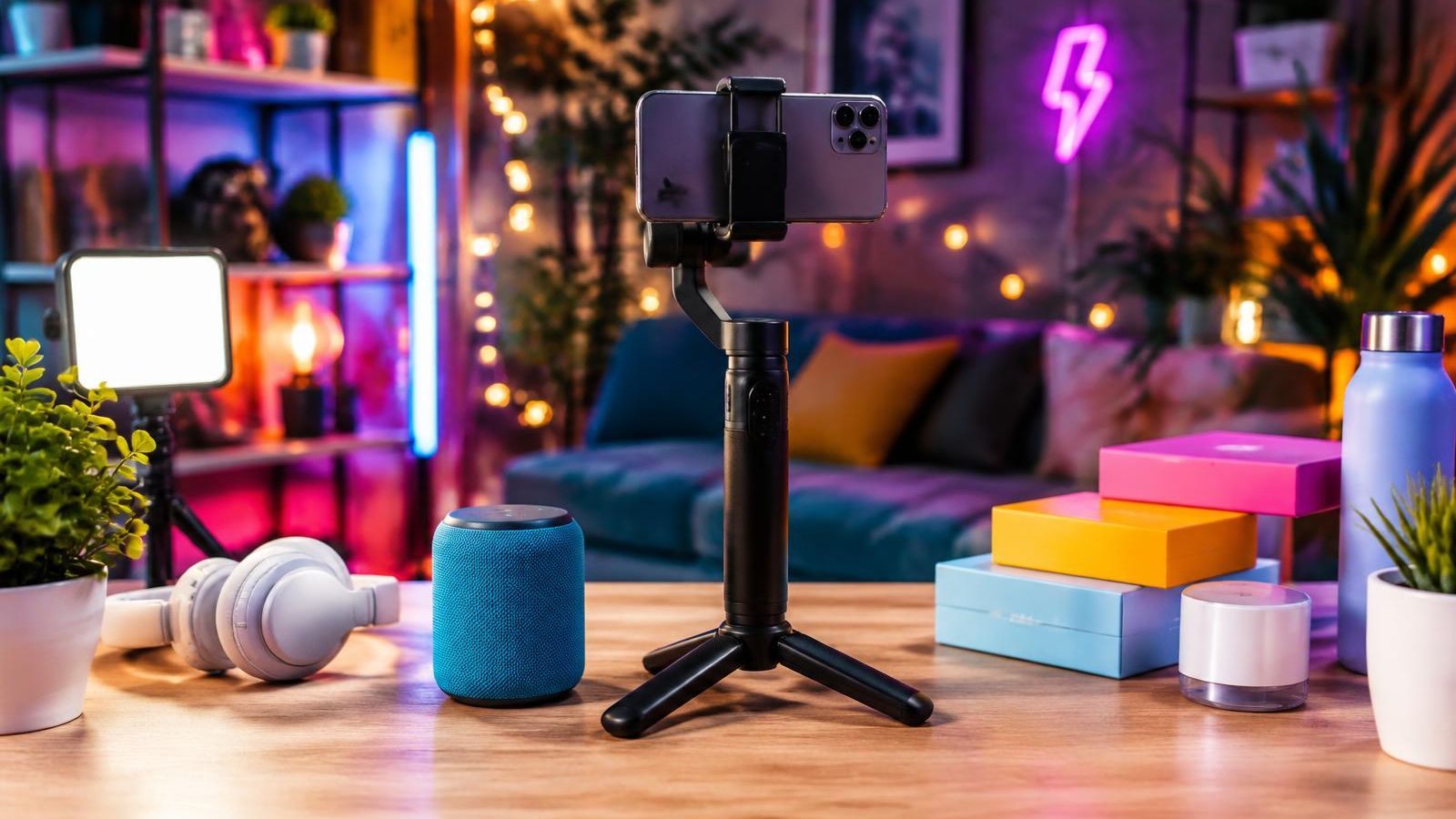 Phone on a gimbal in a colorful neon-lit streaming set