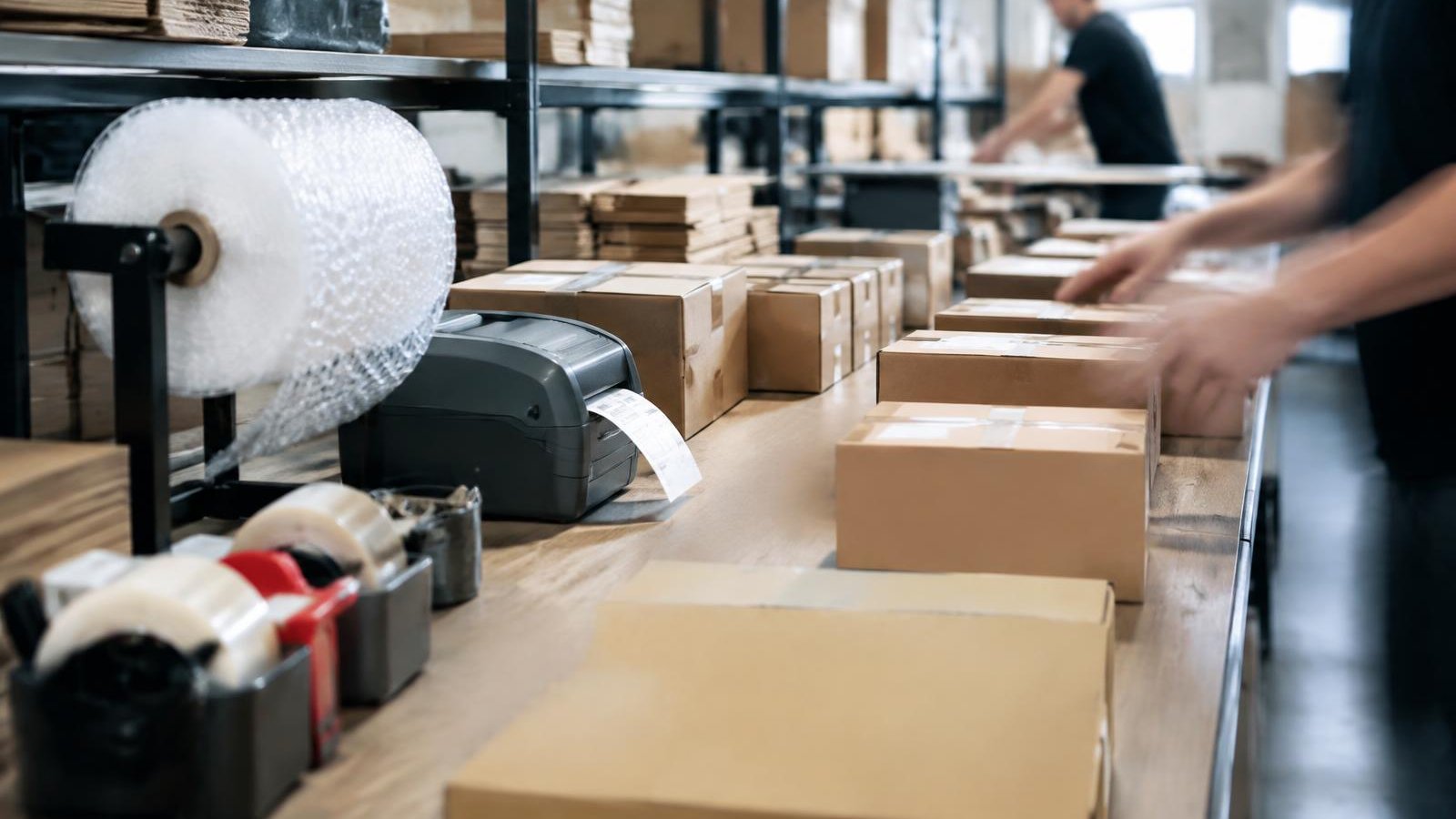 Packing station with boxes, label printer and bubble wrap