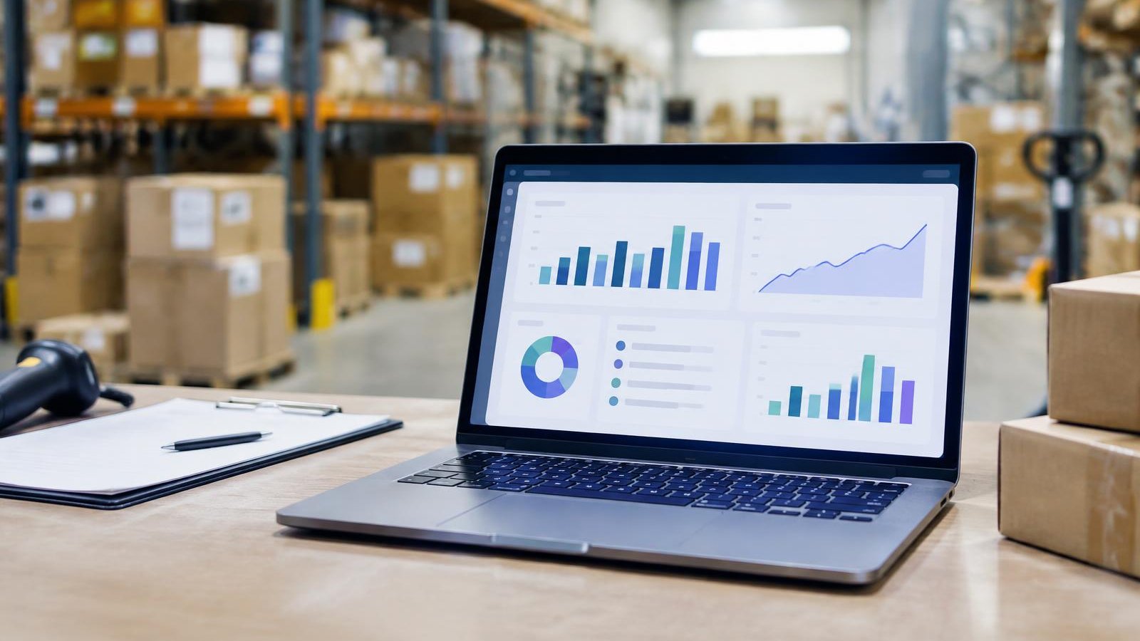 Laptop showing charts on a desk in a warehouse