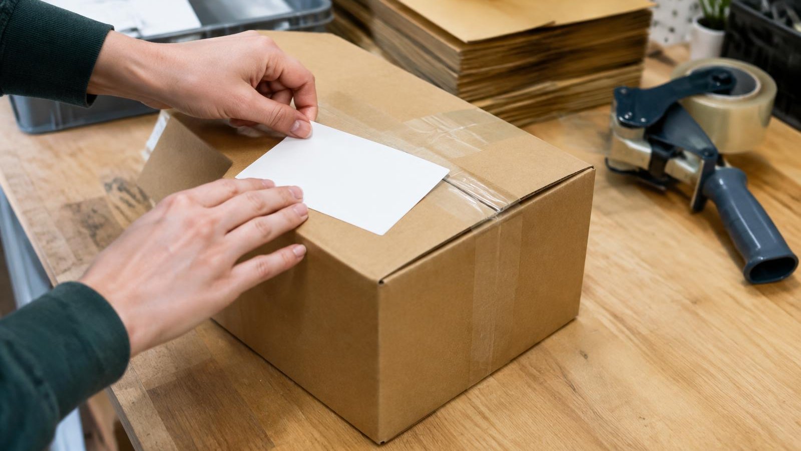 Hands applying a blank label to a kraft box beside a tape gun