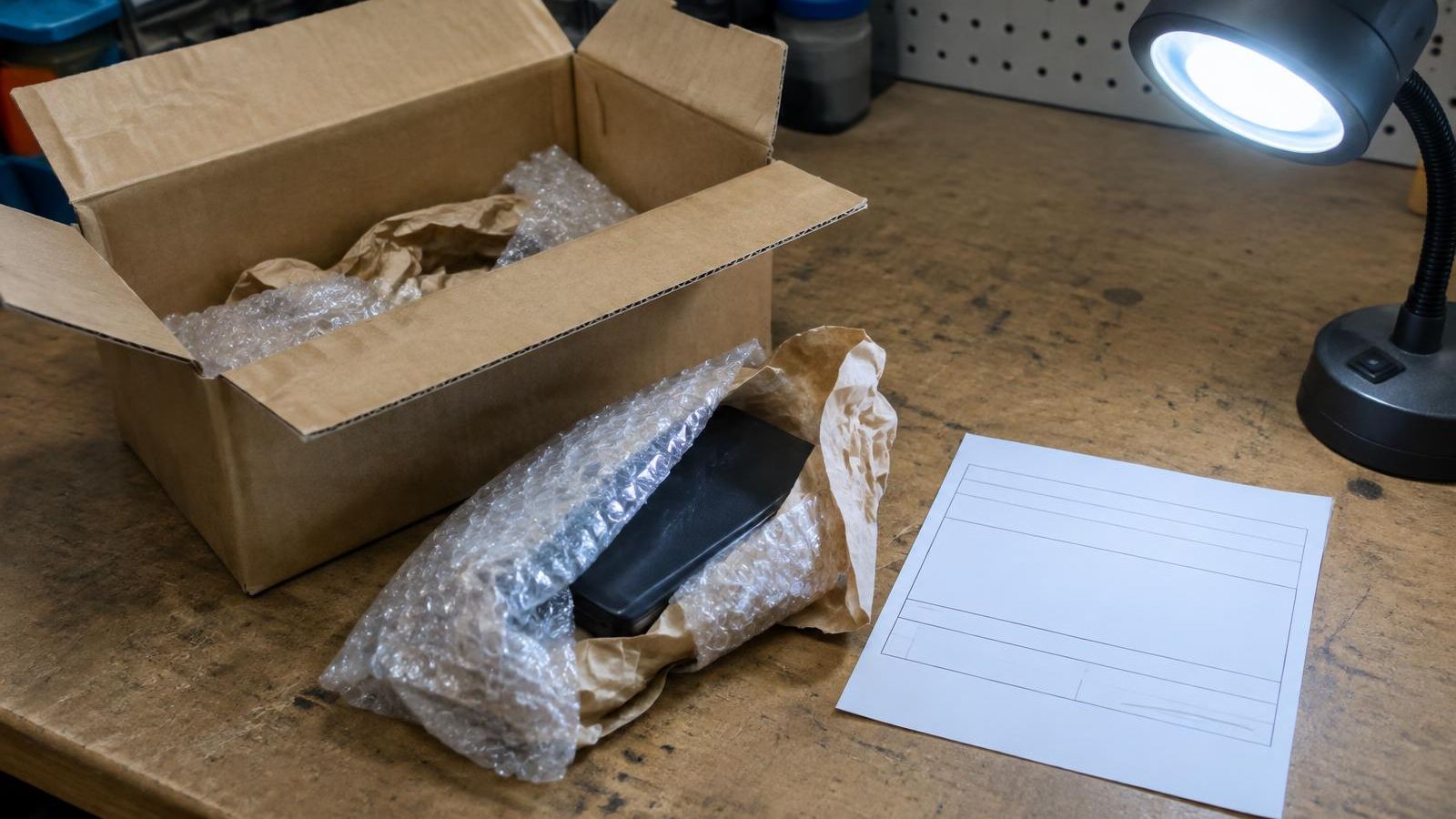 Opened returned package on a workbench under an inspection lamp