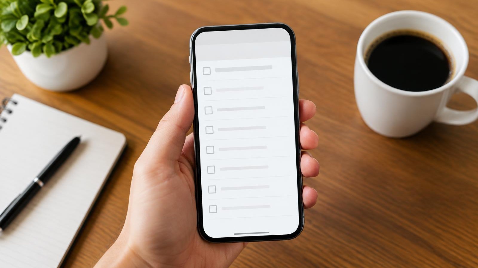 Hand holding a phone showing a blank checklist beside a notebook and coffee