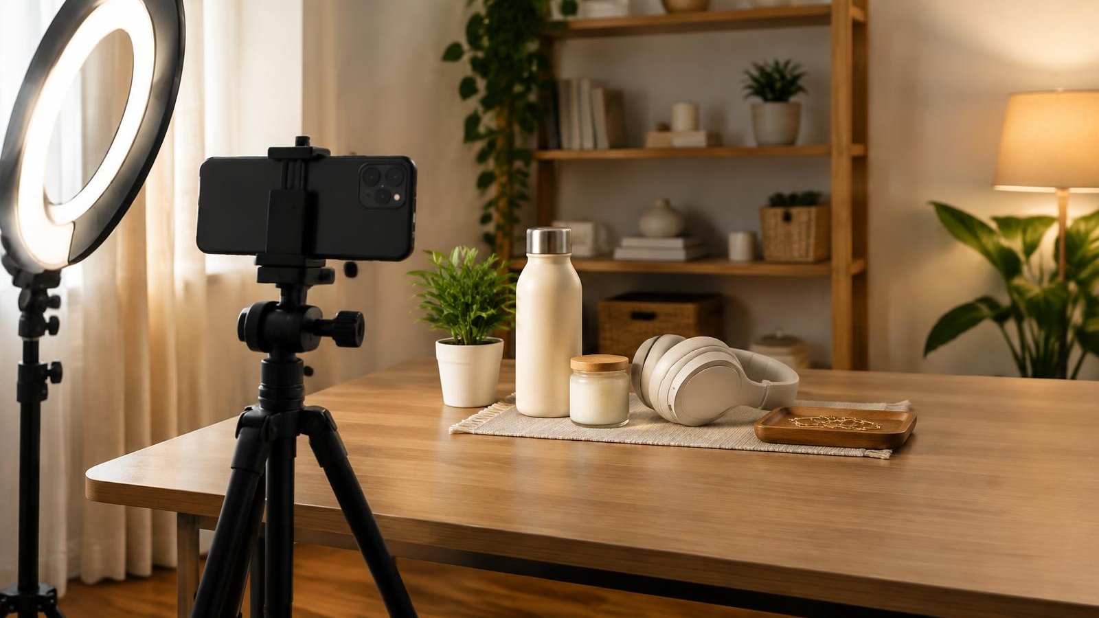Phone on a tripod beside a ring light facing a small product table