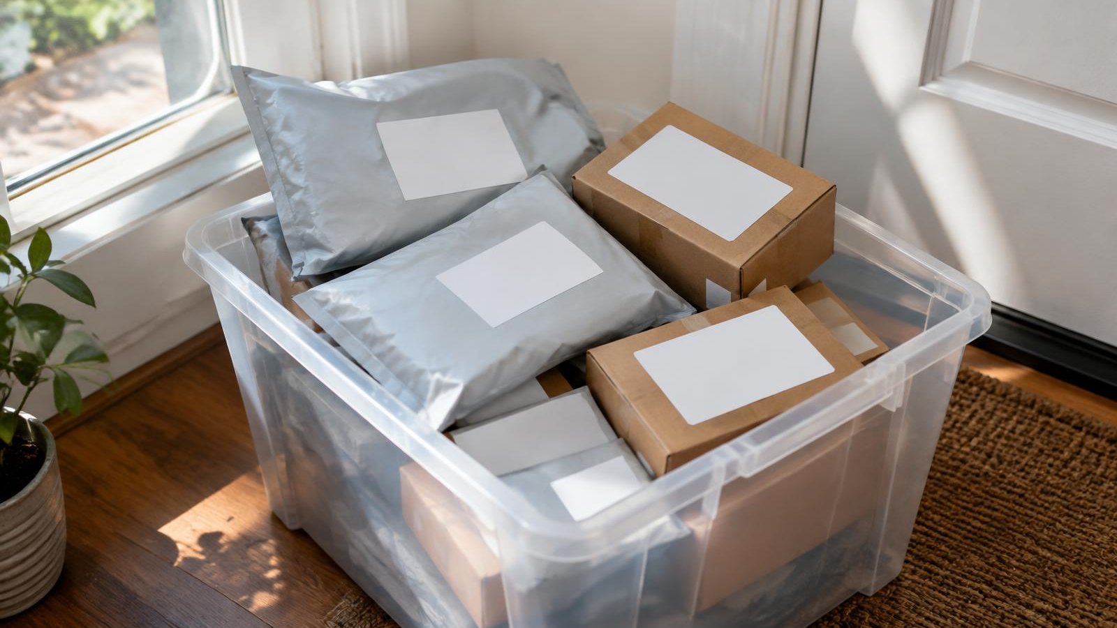 Tote of labeled mailers and boxes waiting by a front door