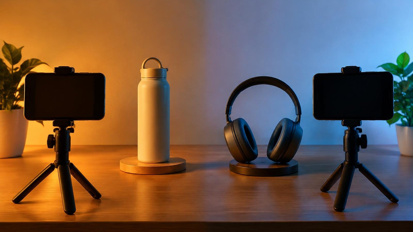 Two phones on tripods on one desk under warm and cool light