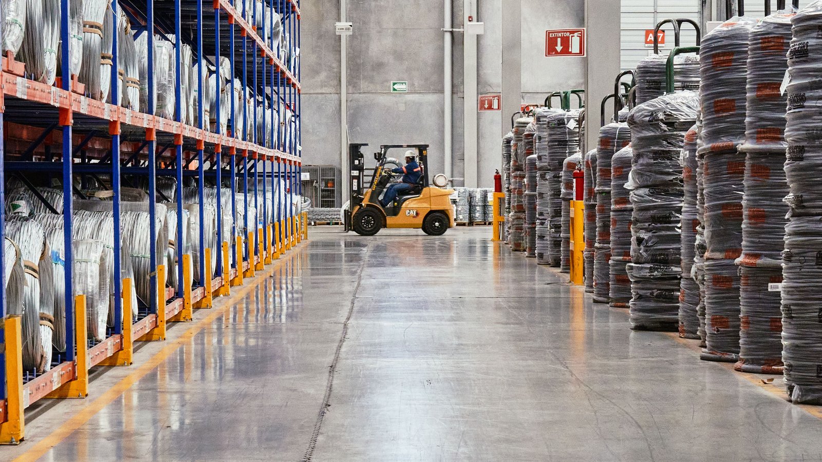 A wide warehouse aisle with tall racking on one side and a forklift working at the far end